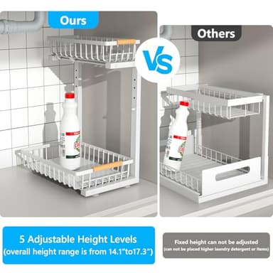 Merrylun Under Sink Organizers,5 Adjustable Height，Metal Pull Out and Storage Shelves with Sliding Drawer for Kitchen, Bathroom, White, 2 Pack（Hight 13.6″-16.9″） - Image 4