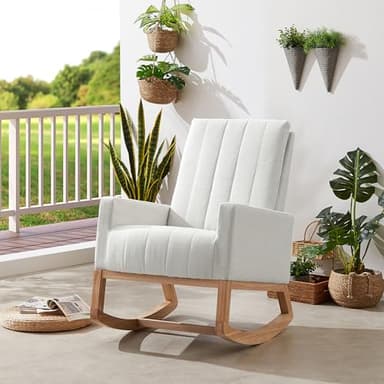 VECELO Rocking Chair Nursery Upholstered Modern Glider Rocker with Padded Seat High Backrest USB Port Comfy Armchair and Side Pocket for Living Room Bedroom Balcony Offices, White - Image 6
