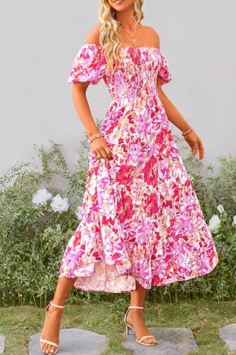 PRETTYGARDEN Women's Casual Summer Midi Dress Puffy Short Sleeve Square Neck Smocked Tiered Ruffle Dresses (Floral Rose Red,Medium) - Image 8