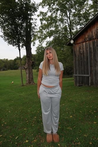 Ekouaer Women's 2 Piece Lounge Sets Ruched Short Sleeve Top and Wide Leg Pants Loungewear Tracksuit Sets with Pockets Light Gray - Image 4