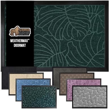 GORILLA GRIP 100% Waterproof All-Season WeatherMax Doormat, 47x35, Durable Natural Rubber, Stain and Fade Resistant, Low Profile, Indoor Outdoor Door Mats, Easy Clean Patio Entrance Mat, Green Palm - Image 1