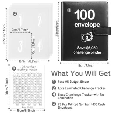 100 Envelopes Money Saving Challenge Binder with Laminated Tracker, Budget Binder with Cash Envelopes, Easy and Fun Way to Save $5,050 (Black) - Image 2