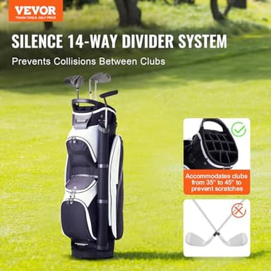 VEVOR Golf Cart Bag with 14 Way Organizer Divider Top, Premium Cart Bag with Stand, Durable Golf Bags with Handles & Dust Cover & Detachable Dual Strap for Men & Women (Black+White, 7 Pockets) - Image 2