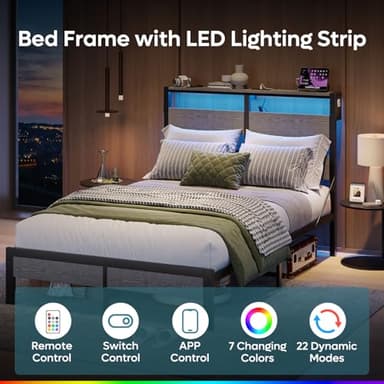 Bestier Queen Bed Frame with Storage Headboard and Charging Station, Grey Platform Bed Frame with LED Light, Non-Slip Metal Bed Frame, Noise-Free, Easy Assembly - Image 5