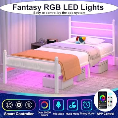 J.Fkne Twin Bed Frame with LED Lights & Charging Station, Metal Platform Bed with Headboard, Heavy Duty Metal Slats, No Box Spring Needed, Noise Free, Easy Assembly, White - Image 3