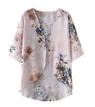 Chunoy Women Floral Kimono Cover Up Short Sleeve Shawl Chiffon Casual Lightweight Cardigan Grey Small - Image 4