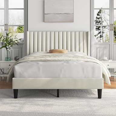 Yaheetech Full Bed Frame Upholstered Platform Bed with Fabric Headboard, Wing Edge Design/Non-Slip and Noise-Free/Wooden Slats Support/No Box Spring Needed/Easy Assembly, Ivory Full Bed - Image 1
