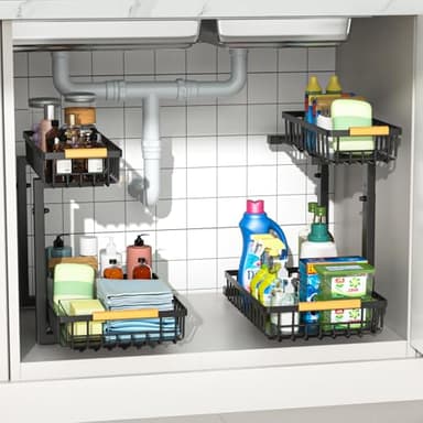 Merrylun Under Sink Organizers for Kitchen,5 Adjustable Height，Metal Pull Out and Storage Shelves with Sliding Drawer, Bathroom, Black, 2 Pack（Hight 13.6″-16.9″） - Image 1