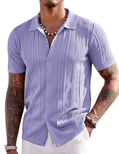 COOFANDY Men's Knit Button Down Shirts Vintage Short Sleeve Polo Shirt Fashion Casual Summer Beach Shirts Lilac - Image 1