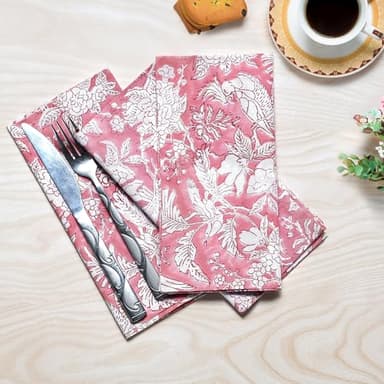 CPC Cloth Napkins 100% Cotton Set of 4 Reusable Napkins, Indian Block Print Toile Floral Dinner Napkin, Fall Thanksgiving Christmas Holiday Party Gift - Soft Absorbent Napkin, 18"x18" Pink Coral - Image 3