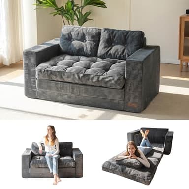MAXYOYO Convertible Sofa Bed, Pull Out Loveseat Sleeper Sofa, 2 in 1 Folding Couch Bed, Fold Out Floor Couch with Pillows for Living Room Bedroom Lounge, Dark Grey - Image 1