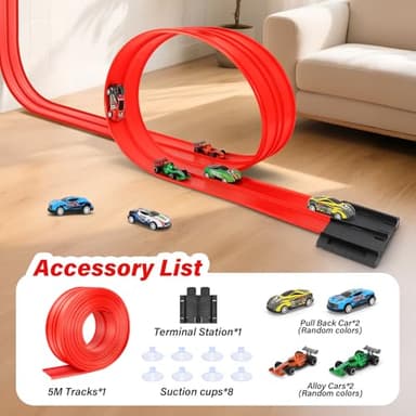 KETIEE Flex Tracks 16Ft for Kids: Flexible Race Car Ramp Track with 4 Small Racecars and 8 Suction Cups Compatible with Hot Wheels and Diecast 1/64th Cars, Rolls Up Portable Racetrack for Ages 3 & Up - Image 8