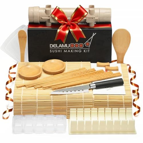 Delamu Sushi Making Kit, 20 in 1 Bazooka Roller Kit with Chef’s Knife, Bamboo Mats, Rice Mold, Temaki Sushi Mats, Rice Paddle, Spreader, Chopsticks, Sauce Dishes, Guide Book - Image 1