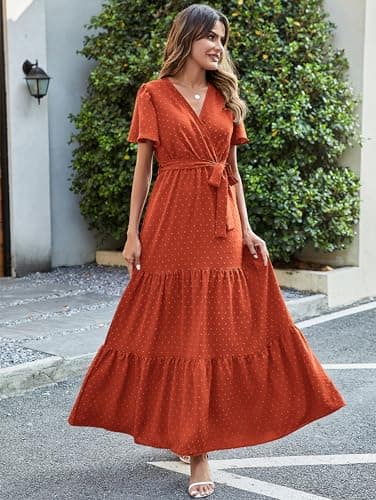 MASCOMODA Women Boho Swiss Dot Maxi Dresses Wrap V Neck Flutter Short Sleeve Solid Tie Waist A Line Tiered Flowy Long Dress(Burnt Orange,X-Large) - Image 4