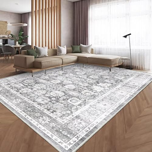 HOMFINE Vintage Design Area Rugs - Machine Washable Rug 6'x9' with Non Slip Rugs for Living Room Bedroom Floral Print Rug Carpet Stain Resistant, Home Decor Office Area Rug, Light Grey - Image 1