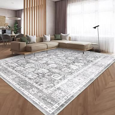HOMFINE Vintage Design Area Rugs - Machine Washable Rug 6'x9' with Non Slip Rugs for Living Room Bedroom Floral Print Rug Carpet Stain Resistant, Home Decor Office Area Rug, Light Grey - Image 1