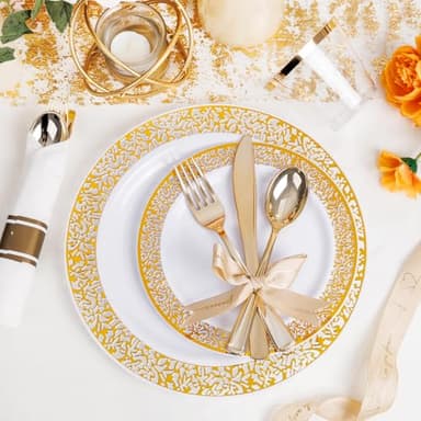 WELLIFE 50 Guests Dinnerware Sets, Gold Plastic Plates,Platos Para Fiestas Elegantes Desechables Include:50 Dinner Plates, 50 Dessert Plate, 150 Pcs Gold Plastic Silverware, 50 Cups for Party - Image 5