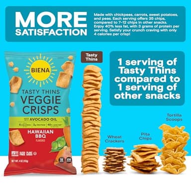 BIENA Tasty Thins Veggie Crisps – Hawaiian BBQ, 4-Pack, 4 oz Bags – Chickpeas & Veggies, Vegan, Gluten Free, Dairy-Free, Non-GMO, Allergy-Friendly, Healthy Snacks for Adults and Kids - Image 4