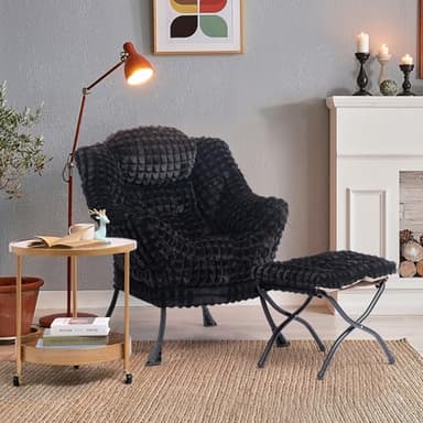 HollyHOME Lazy Chair with Foldable Ottoman, Accent Comfy Lounge Armchair and Folding Footrest Stool, Leisure Sofa Reading Chair and Footstool for Living Room, Bedroom, Dorm,Faux Fur Black - Image 8