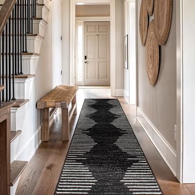 Rugshop Bohemian Stripe Stain Resistant High Traffic Living Room Kitchen Bedroom Dining Home Office Runner Rug 2'7" x 12' Black - Image 3