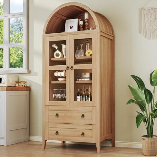 HUAHUU 71" Tall Pantry Cabinet, Arched Cabinet with LED Lights, Kitchen Storage Cabinets with 2 Large Drawers & Adjustable Shelves & Glass Door for Living Room, Kitchen, Dining Room, Natrual - Image 1