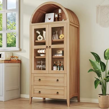 HUAHUU 71" Tall Pantry Cabinet, Arched Cabinet with LED Lights, Kitchen Storage Cabinets with 2 Large Drawers & Adjustable Shelves & Glass Door for Living Room, Kitchen, Dining Room, Natrual - Image 1