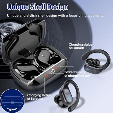Qecnato Wireless Earbuds Bluetooth 5.4 Headphones 75H Stereo Deep Bass Sports Over Ear Buds with Earhooks, LED Display Bluetooth Earbuds with 4 ENC Mic, IP7 Waterproof Earphone for Running, Black - Image 5