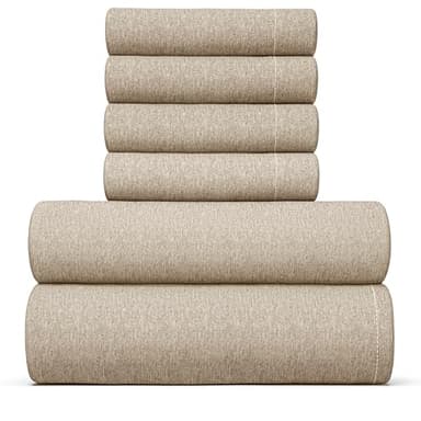 King Sheets Set 6 Piece - Includes 4 Pillowcases - Bed Sheets King Size - Soft Hotel Luxury Bedding - Cooling, Comfy & Breathable - 1 Flat & 1 Fitted & 4 Pillowcases w/ Deep Pockets - Heathered Beige - Image 1