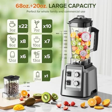 Smoothie Blender - Powerful Blender for Smoothies, Blenders for Kitchen with 68Oz Pitcher & 20Oz Grinder, Adjustable Speeds, Timing Control, BPA Free - Image 3