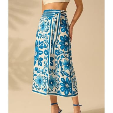 Talakeno Womens Floral Wrap Midi Skirt Summer Adjustable Tie Side Casual High Waist A Line Beach Boho Long Flared Skirts(Blue,M) - Image 3
