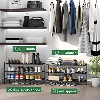 kiplant Black Long Shoe Rack, 3-Tier Bamboo Wood Shoe Rack for Entryway, Stackable | Foldable | Natural, Shoe Organizer for Hallway Closet, Free Standing Shoe Racks for Indoor Outdoor - Image 4