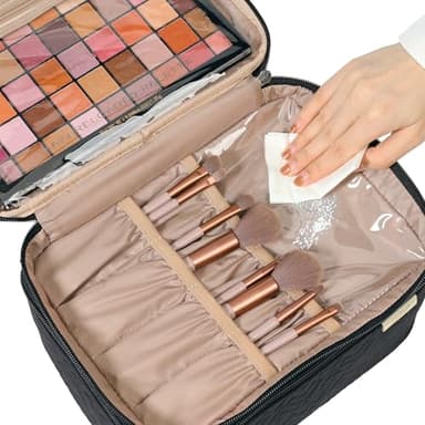 NISHEL Large Double Layer Travel Makeup Bag Women, Cosmetic Case, Organizer for Travel-Size Accessories Bottles, Brushes, Conditioner, and Skin Care Products, Black - Image 4