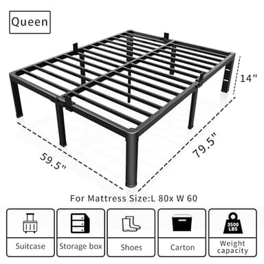 ROIL 14 inch Metal Queen Bed Frame with Rounded Corner and Headboard Hole Mattress Retainers 3500LBS Heavy Duty Steel Slats No Box Spring Needed Platform Noise-Free Easy Assembly - Image 3