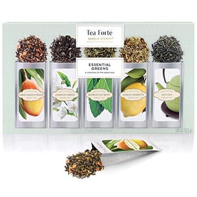 Tea Forte Green Tea Assortment Single Steeps Loose Leaf Premium Tea Gift Set Sampler, 15 Count 3 of Each Assorted Blends, Pre-Portioned Single Serve Pouches, Steeps 12 oz - Image 1