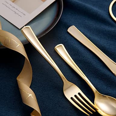 bUCLA 600 Pieces Gold Plastic Silverware - Disposable Gold Utensils - Heavyweight Plastic Cutlery set- 200 Forks, 200 Spoons, 200 Knives for Party & Thanksgiving - Image 4