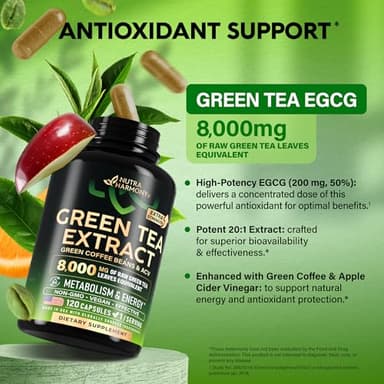 Green Tea Extract Capsules with Green Coffee Beans & Apple Cider Vinegar - Energy & Metabolism Support - Green Tea Supplement 50% EGCG - 20:1 Natural Extract - for Men & Women - 120 Vegan Capsules - Image 4
