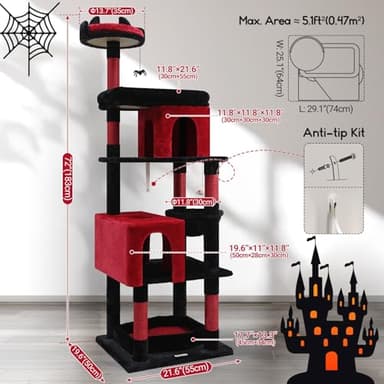 Globlazer Heavy Duty Gothic Cat Tree, 72in Large Cat Tower with Coffin Bed, Sturdy Maine Coon Cat Tree for Large Cats 20 lbs+, Medieval Castle Style with 6 Scratching Posts & Hammock, S72, Black & Red - Image 6