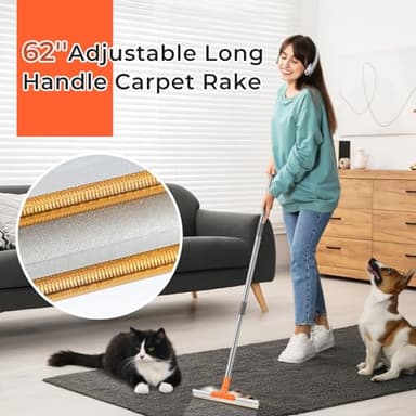 Ajimy ‌Upgrade-Carpet Rake for Pet Hair Removal 62'' Adjustable Long Handle Dog/Cat Hair Carpet Rake,Carpet Scraper for Rug Stairs Couch Furniture (Orange) - Image 3