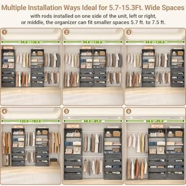 Aheaplus Closet System, 6-15Ft Closet Organizer with 8 Wooden Drawers, Wood Closet Organizer System with Tower, Walk-in Closet Organizer Wardrobe Garment Clothes Rack with 4 Hanging Rods, Black Oak - Image 4