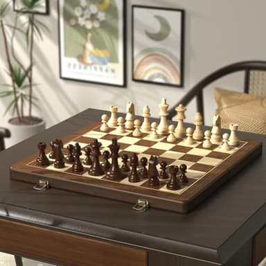 Premium Natural Walnut 15" Magnetic Wooden Folding Chess & Checkers Set- 2 in 1 Board Game with 3" King Staunton Pieces and 2 Extra Queens, Checkers, and Dust-Proof Storage Bag (Black) - Image 8