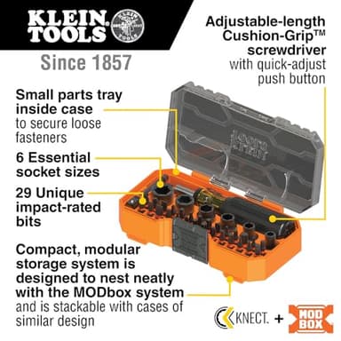 Klein Tools 33805 ProFlex 38-Piece SAE Impact Driver Tool Set with Modular Case, S2 Steel, Magnetic, Adjustable Screwdriver, 29 Bits, 6 SAE Socket Sizes - Image 3