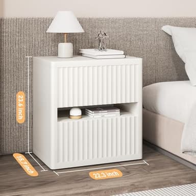 Dripex Fluted Nightstand with 2 Drawers, Large Wide Wood Night Stand Bedside Tables for Bedroom, Mid-Century Modern Storage Bed Side Table, End Tables for Living Room Sofa Couch, White, Set of 1 - Image 2