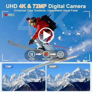 4K Digital Cameras for Photography, 12X Optical Zoom 72MP Vlogging Camera for YouTube with 270°Flip Screen, Autofocus & Anti-Shake Cameras, Wi-Fi & App-Controlled 4K Camera, 2 Batteries, 32GB SD Card - Image 3
