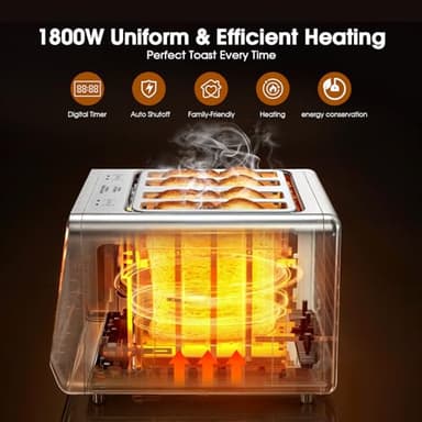 Touch Screen Toaster 4 Slice, Digital Smart Dual Control Touchscreen, Stainless Steel, 6 Toast Types & Levels include Bread, Bagel, with Defrost/Reheat/Single Slot Toasting Function - Image 3