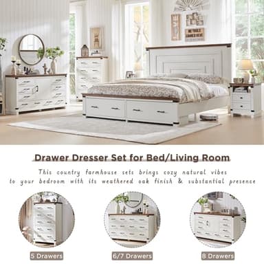 Farmhouse Nightstand Set of 2 with Charging Station, 18" Rustic Night Stand with 2 Storage Drawers, Wood End Table for Bedroom, Living Room, Antique White - Image 7