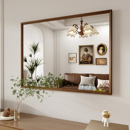 WEER Bathroom Mirror, 40x30 Inch Wall Mirror, Walnut Wood Grain Framed Mirror, Rectangle Vanity Mirror, Tempered Glass, Anti-Rust, Hangs Horizontally or Vertically - Image 1