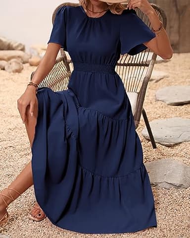 PRETTYGARDEN Women's Summer Casual Short Flutter Sleeve Round Neck Smocked Waist Tiered Boho Floral Flowy Maxi Dress(Solid Navy,Medium) - Image 4