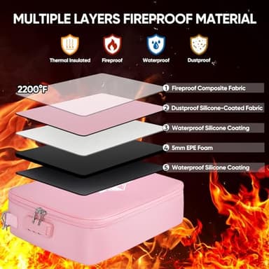 BALEINE Fireproof Document Box with Lock, Portable Fireproof Document Bag Waterproof Fire Proof File Boxes for Documents, File Organizer Box for Important Paperwork (Pink, 15''x11''x4'') - Image 5