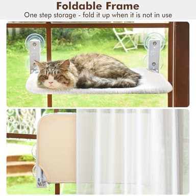 AMOSIJOY Cordless Cat Window Perch, Cat Hammock for Wall with 4 Strong Suction Cups, Solid Metal Frame and Reversible Cover, Foldable Cat Beds for Indoor Cats (Medium-White) - Image 4