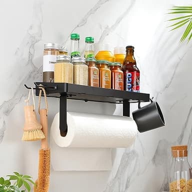 ZUNTO Garage Paper Towel Holder with Shelf, Black Stainless Steel Paper Towel Rack with Hooks, Wall Mount Paper Towel Holder for Kitchen, Garage Organization and Storage - Image 3